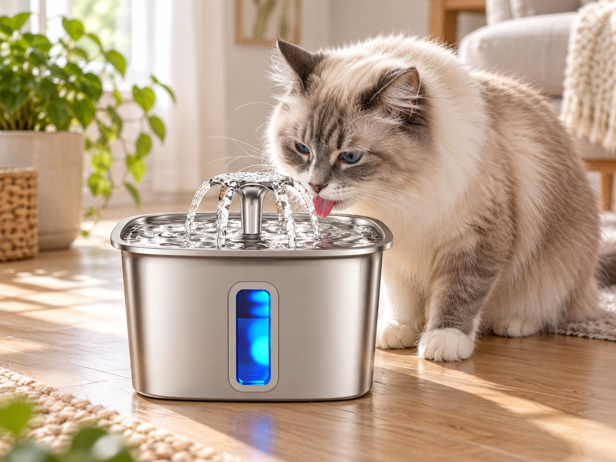 Cat drinking from TheGivenGet stainless steel water fountain