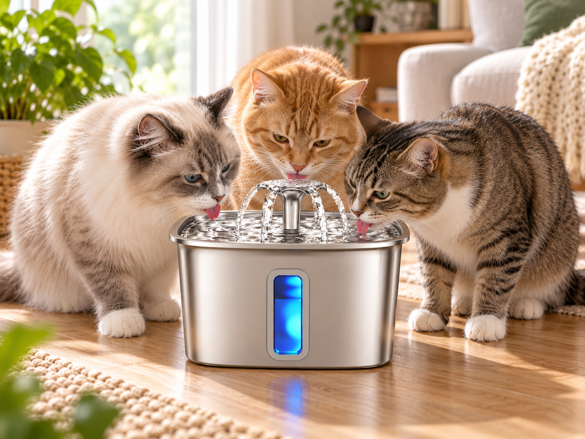 Three cats drinking from TheGivenGet stainless steel cat fountain
