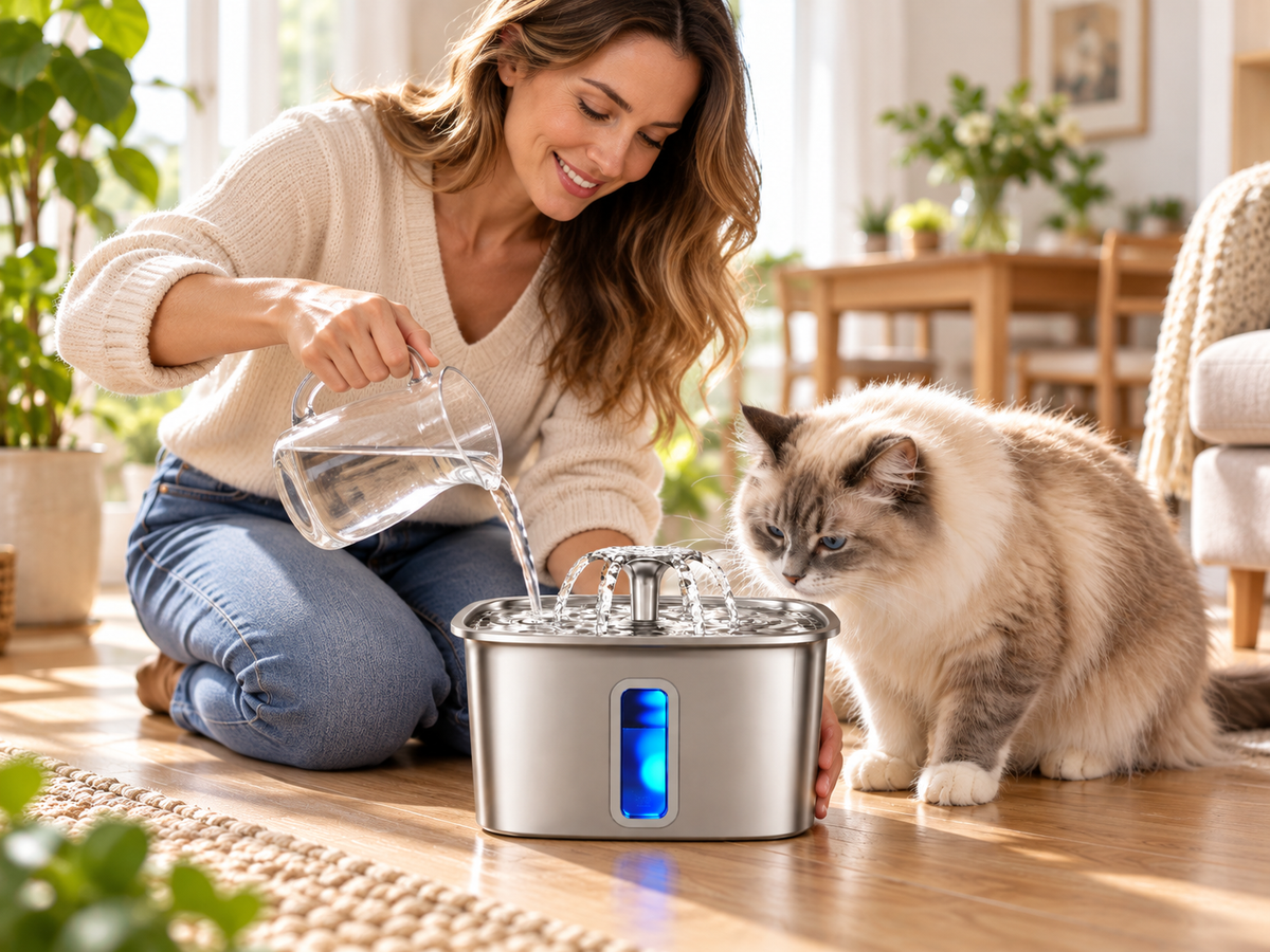 Cat owner refilling TheGivenGet stainless steel cat fountain