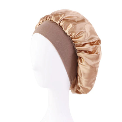 Women's Satin Solid Wide-brimmed Sleeping Hat - Head Wrap Elastic Band Cap