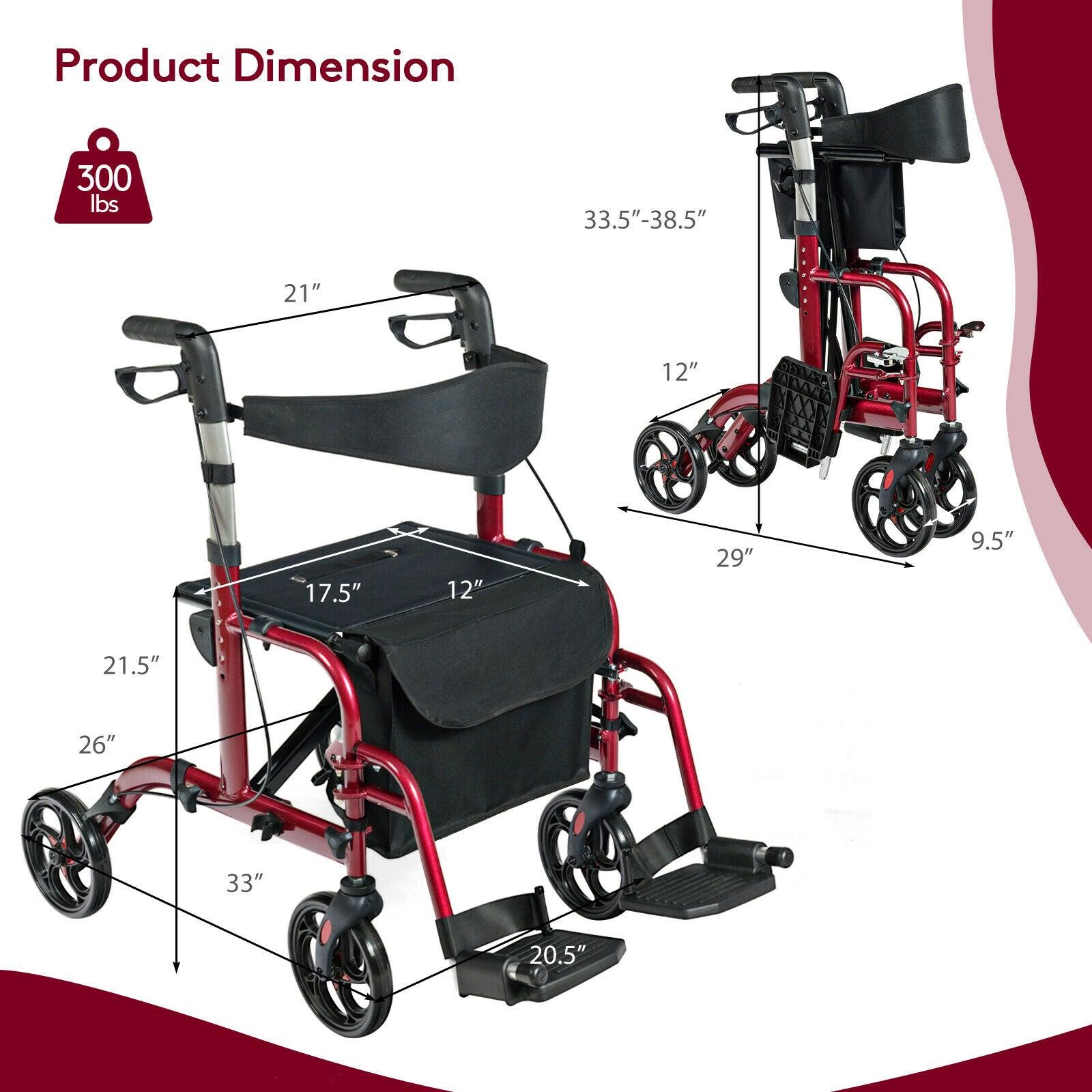 Adjustable Folding Medical Rollator Walker, Aluminum Transport Chair Red - TheGivenGet