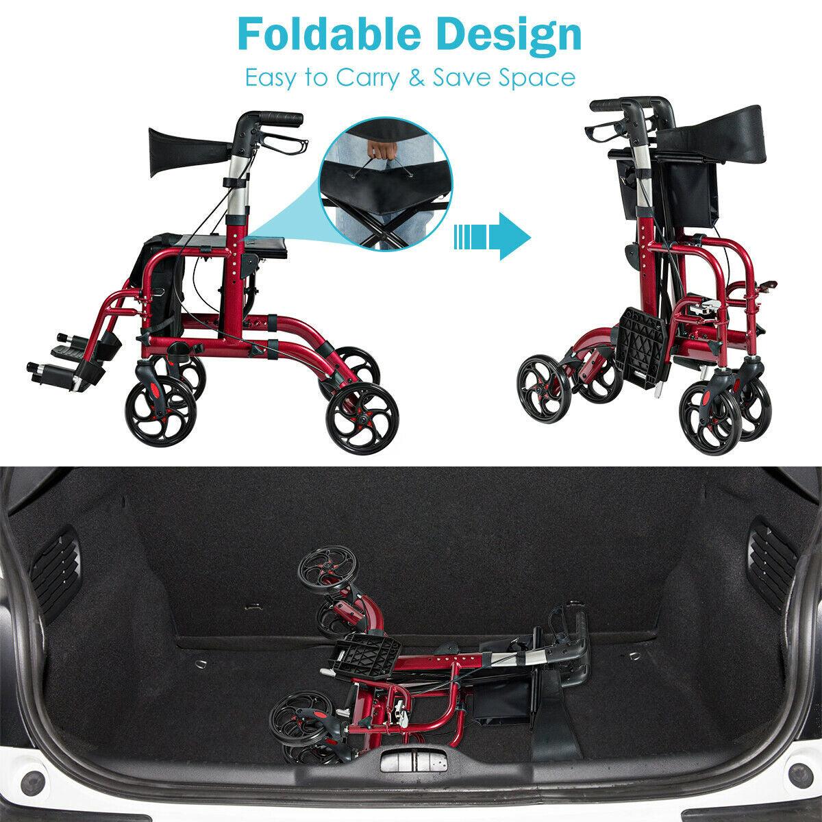 Adjustable Folding Medical Rollator Walker, Aluminum Transport Chair Red - TheGivenGet