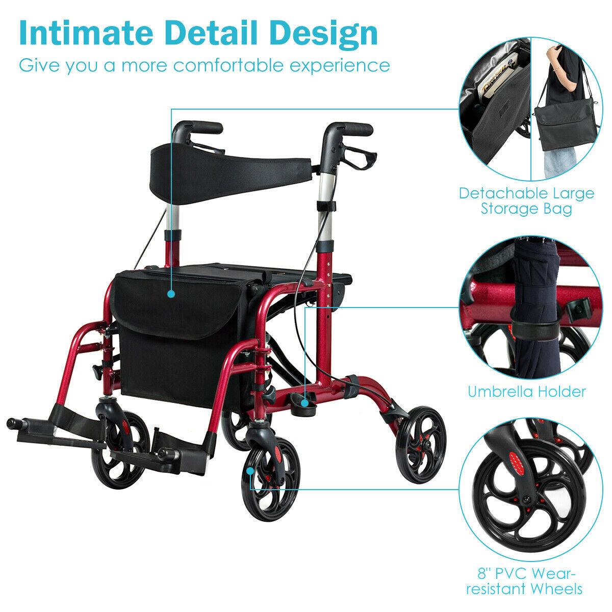 Adjustable Folding Medical Rollator Walker, Aluminum Transport Chair Red - TheGivenGet