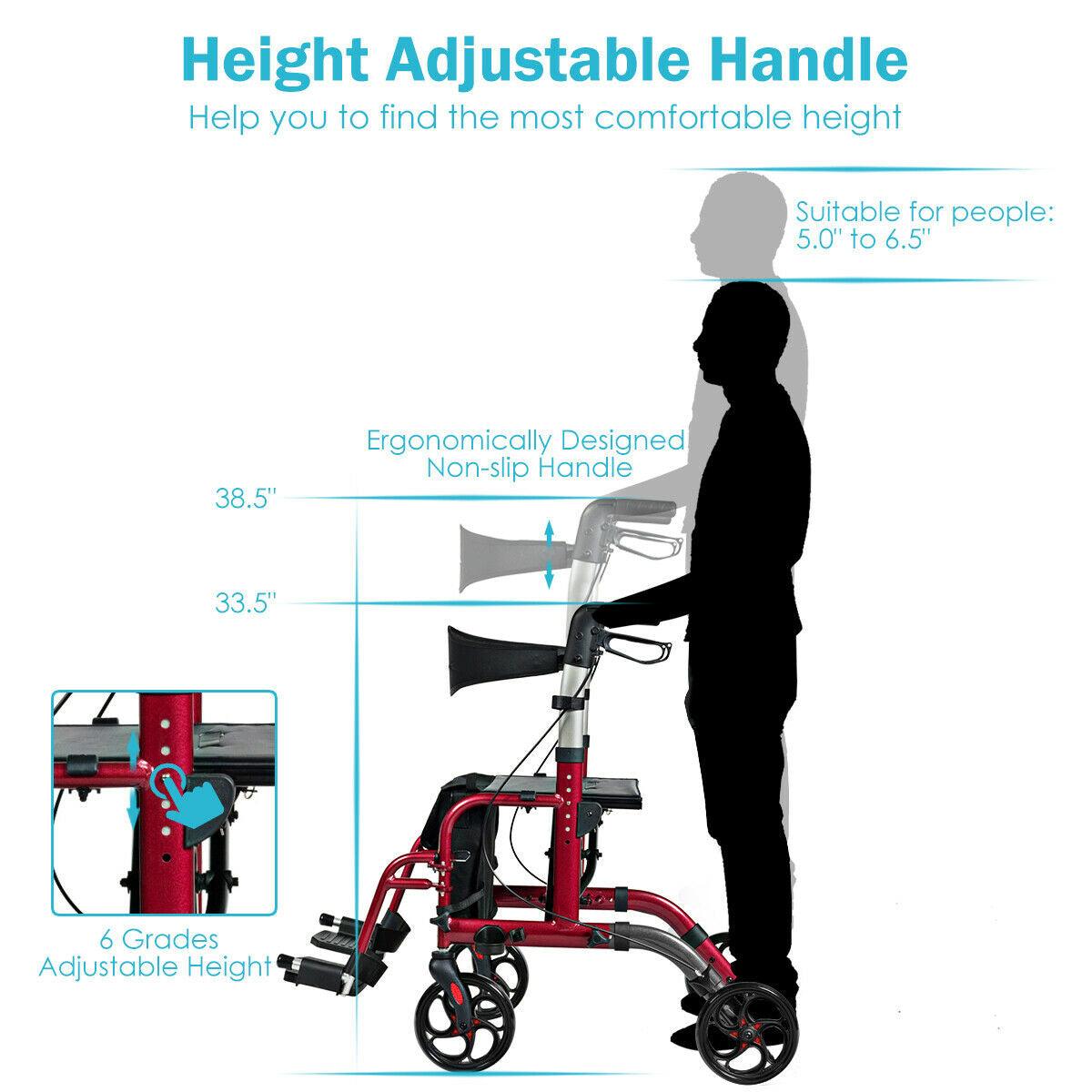 Adjustable Folding Medical Rollator Walker, Aluminum Transport Chair Red - TheGivenGet