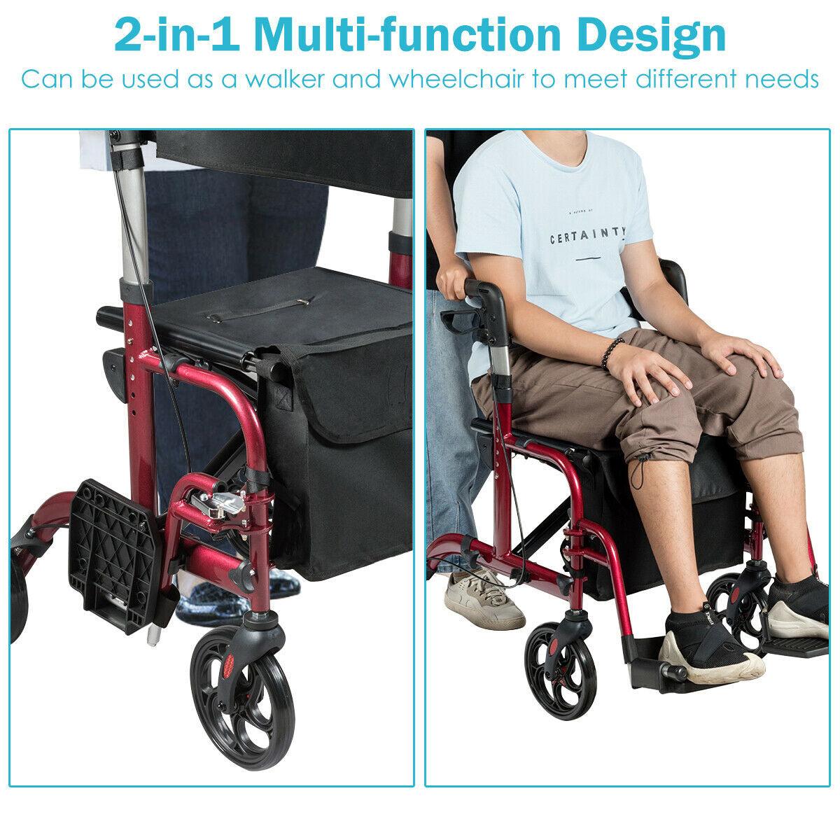 Adjustable Folding Medical Rollator Walker, Aluminum Transport Chair Red - TheGivenGet