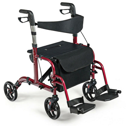 Adjustable Folding Medical Rollator Walker, Aluminum Transport Chair Red - TheGivenGet