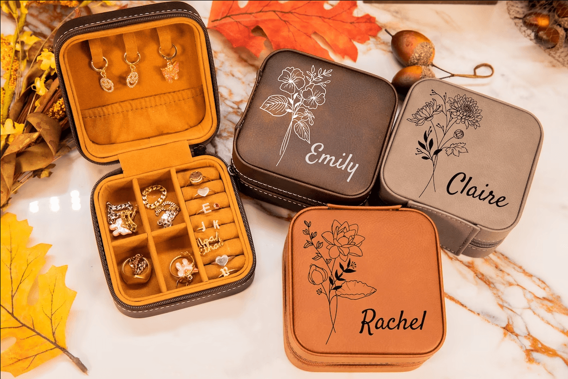 Customize Birth Month Flower Jewelry Travel Case, Personalized Leather Jewelry Box Birthday Gift - TheGivenGet