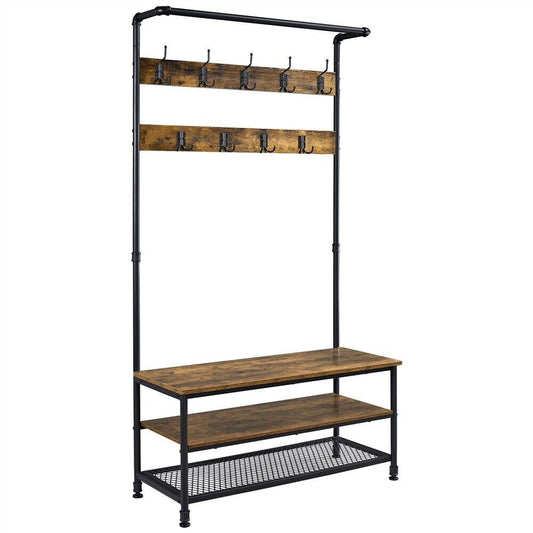 Industrial Entryway Hall Tree with Storage Shelves and Coat Hooks, Rustic Brown - TheGivenGet