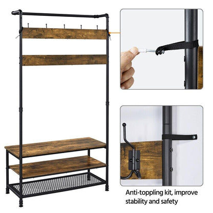 Industrial Entryway Hall Tree with Storage Shelves and Coat Hooks, Rustic Brown - TheGivenGet