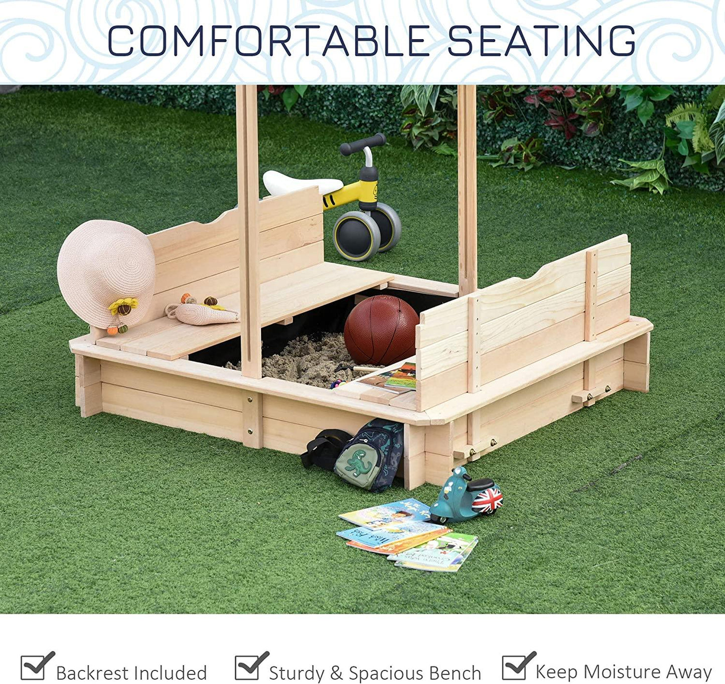 Kids Wooden Sandbox with Adjustable Canopy & Foldable Bench Seats - TheGivenGet