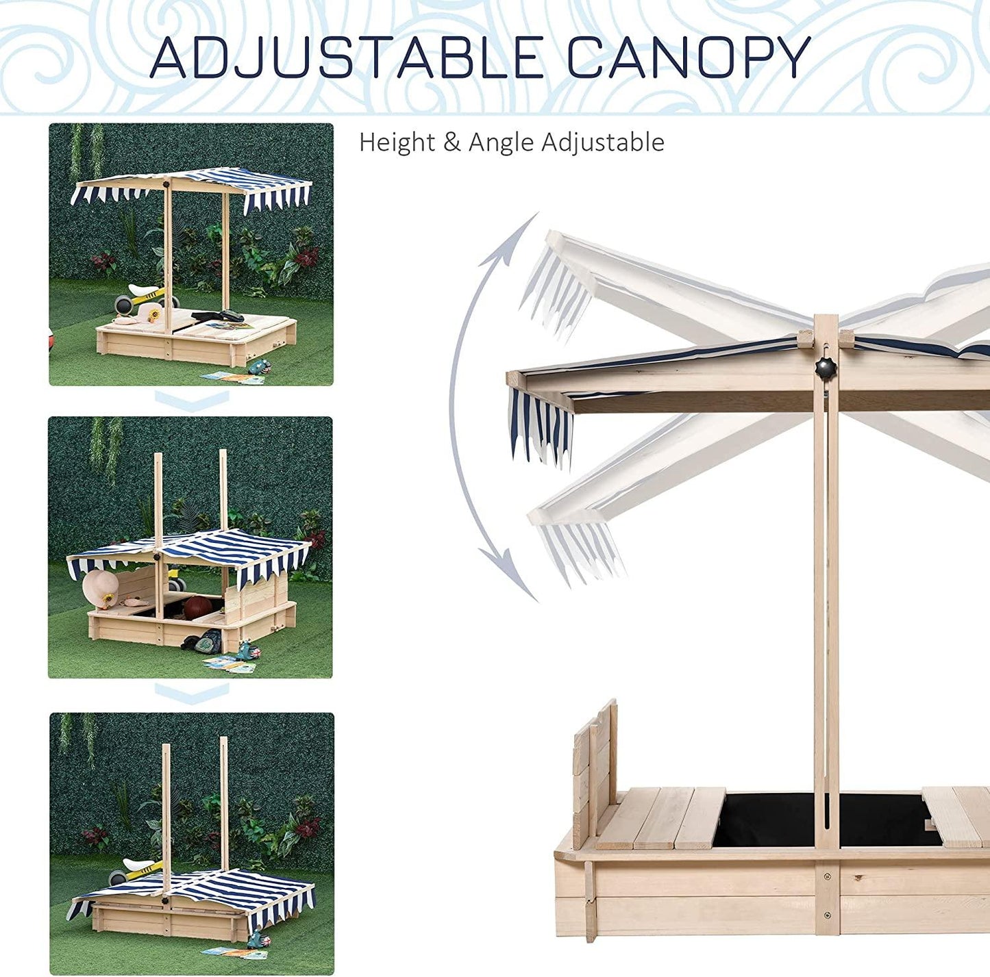 Kids Wooden Sandbox with Adjustable Canopy & Foldable Bench Seats - TheGivenGet