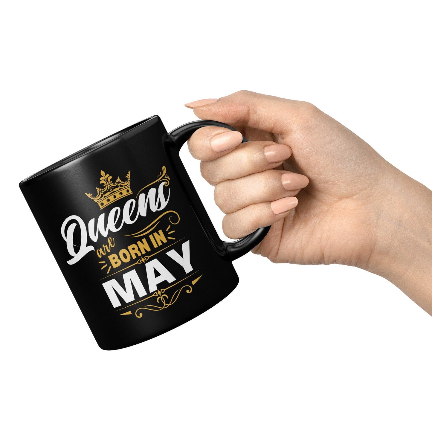 Queens Are Born in May Gold Crown Black Mug - TheGivenGet