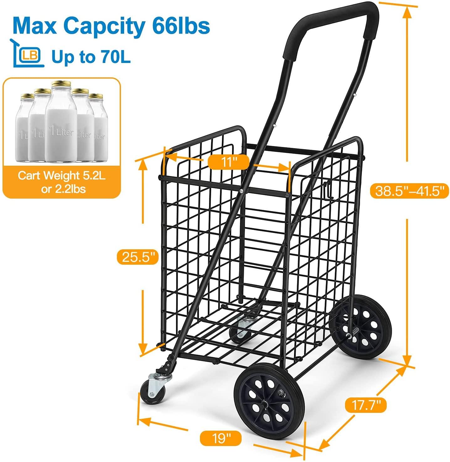 Shopping Cart with Dual Swivel Wheels for Groceries - Compact Folding Portable Cart Saves Space - with Adjustable Handle Height - Lightweight Easy to Move Holds up to 70L/Max 66Ibs - TheGivenGet