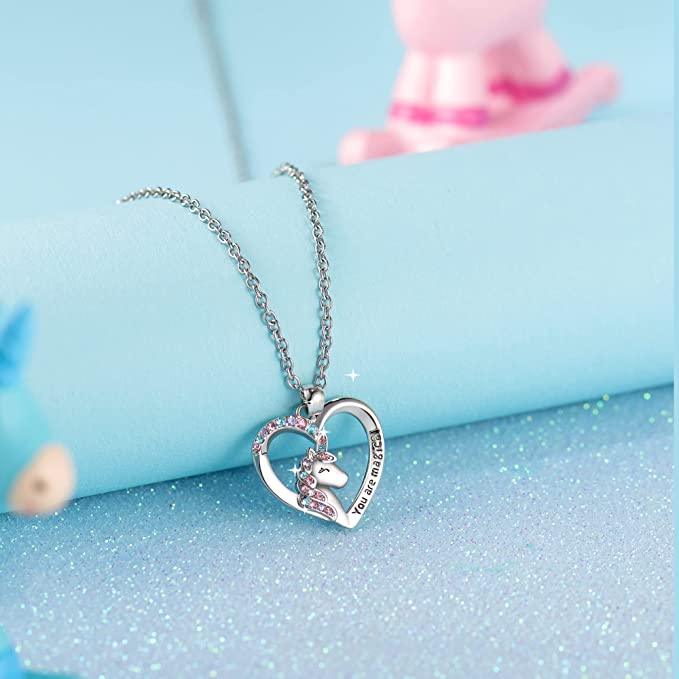 Unicorn Necklace for Women Girls, CZ Stone Heart Pendant Necklace With You Are Magical Message, Gift for Daughter, Granddaughter and Niece - TheGivenGet